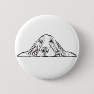 Badge Rond 5 Cm basset hound noir blanc yeux de chiot simple