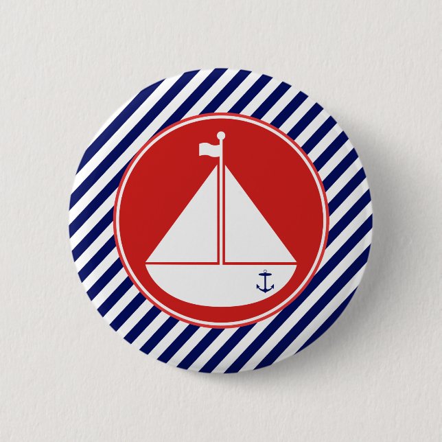 Badge Rond 5 Cm Bateau à voile bleu et rouge (Devant)