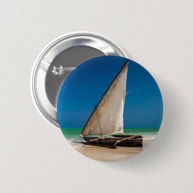 Badge Rond 5 Cm Bateau de pêche traditionnel sur la plage (Devant & derrière)