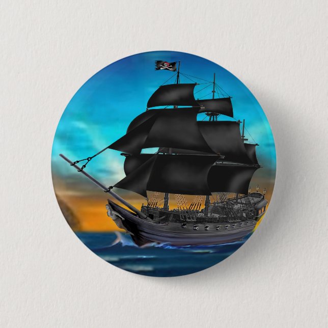 BADGE ROND 5 CM BATEAU DE PIRATE AU COUCHER DU SOLEIL (Devant)