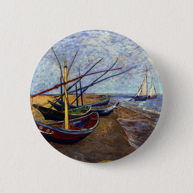 Badge Rond 5 Cm Bateaux de pêche sur la plage (Devant)