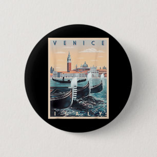 Badge Rond 5 Cm Bateaux Gondoles Rétro Avec La Skyline De Venise I