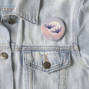 Badge Rond 5 Cm Bats mignons volant près de la Pleine lune - Bouto
