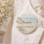 Badge Rond 5 Cm Beach Coastal Elegant Wedding Bridesmaid Name Tag<br><div class="desc">Celebrate the bride in coastal style with these personalized beach-themed name tag buttons, designed for bachelorette parties and bridal celebrations. Available in customized versions featuring the bride’s name with “Bride” or individual names with the title “Bridesmaid, ” these elegant buttons make it easy to identify the bridal party while adding...</div>