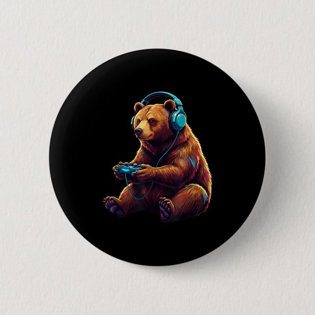 Badge Rond 5 Cm Bear Gaming Animal Video Games Funny Bear  (Devant)