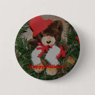 Badge Rond 5 Cm Bear On Wreath Christmas Holiday Bouton Pin