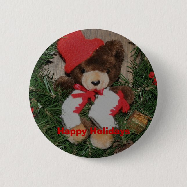 Badge Rond 5 Cm Bear On Wreath Christmas Holiday Bouton Pin (Devant)