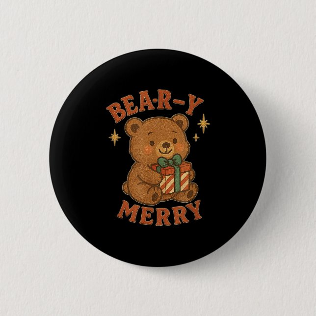 Badge Rond 5 Cm Beary Merry Cute Retro Christmas Bear Gift Box Vin (Devant)