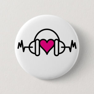 Badge Rond 5 Cm Beats of Love   Coeur rose avec pouls et casque