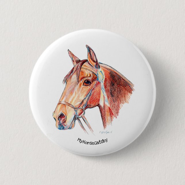 Badge Rond 5 Cm Beau Cheval de Baie avec Rosette (Devant)