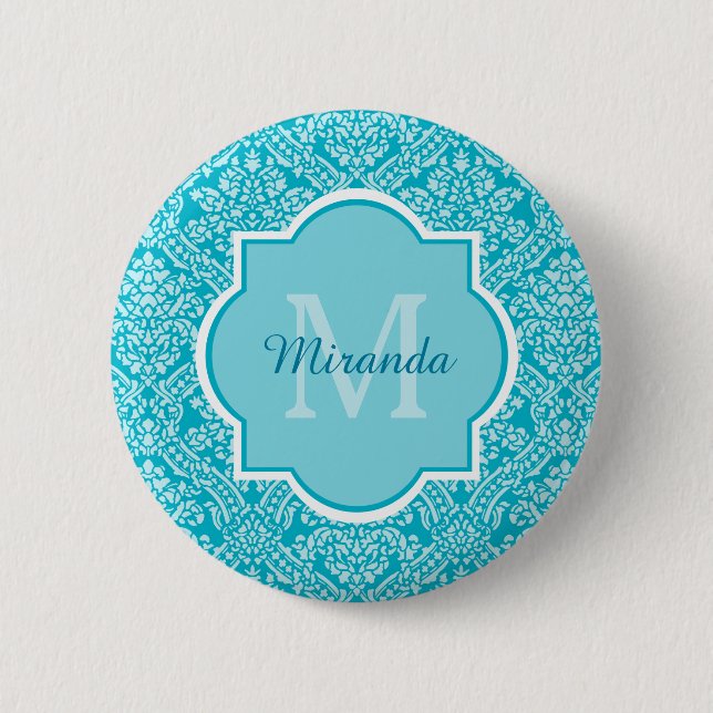 Badge Rond 5 Cm Beau monogramme de motif de damassé de turquoise (Devant)