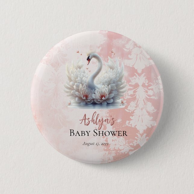 Badge Rond 5 Cm Beau Swan Floral Damask Baby shower Favoriser (Devant)