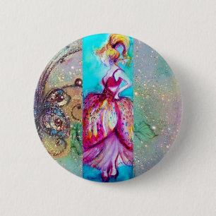 Badge Rond 5 Cm BEAUTÉ EN ROBE ROSE / Plante Papillon Magique