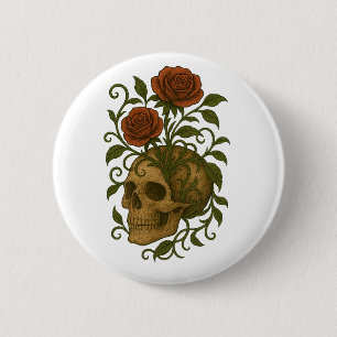 Badge Rond 5 Cm Beauté Fantomatique Crâne et Roses Art d'Halloween