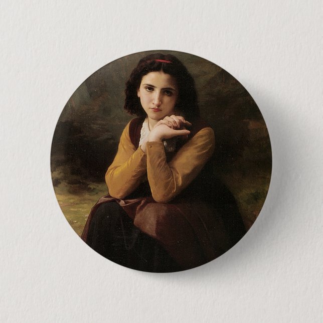 Badge Rond 5 Cm Beauté réfléchie (Mignon Pensive) 1869 Bouguereau (Devant)