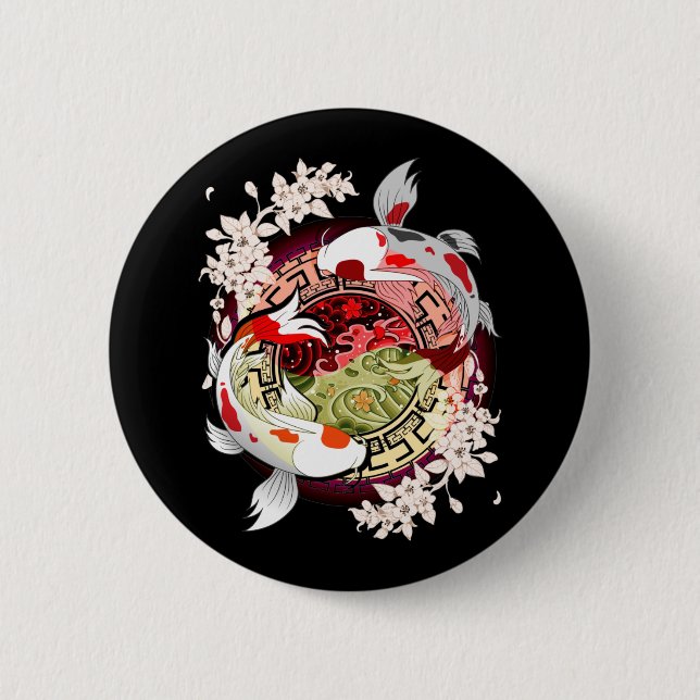 Badge Rond 5 Cm Beautiful Art Japanese Flower Koi Fish (Devant)