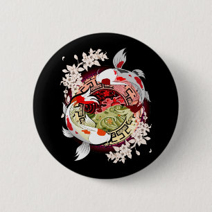 Badge Rond 5 Cm Beautiful Art Japanese Flower Koi Fish
