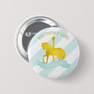 Badge Rond 5 Cm Bébé Carrousel Bleu Cheval "Fille d'anniversaire"