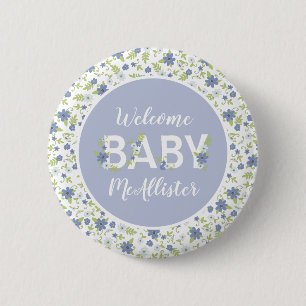 Badge Rond 5 Cm Bébé en Fleur Douche Bleu Fleurs Vintages Garço
