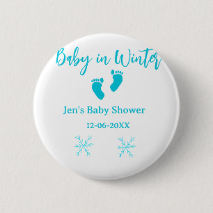 Badge Rond 5 Cm Bébé en hiver baby shower bleu bébé pieds snowflak