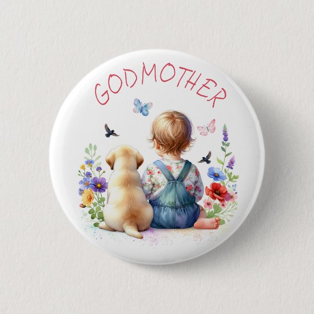 Badge Rond 5 Cm Bébé fille et Baby shower chiot Godmère être (Devant)