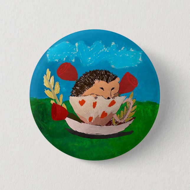 Badge Rond 5 Cm Bébé Hérisson "Art par les enfants" (Devant)
