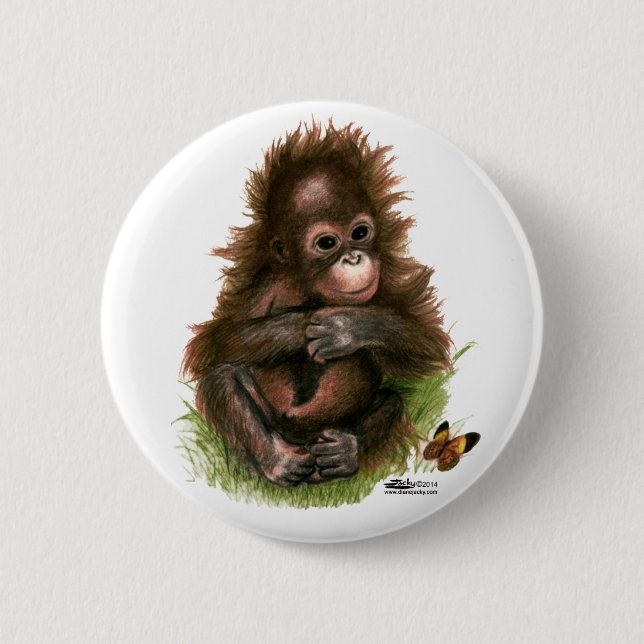 Badge Rond 5 Cm Bébé orang-outan et papillon (Devant)