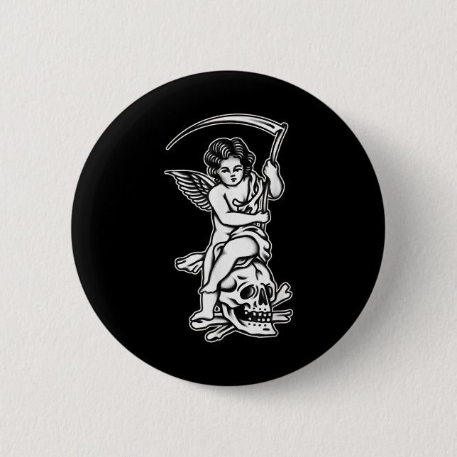 Badge Rond 5 Cm Bébé Reaper Skull Scythe Blackwork Tattoo Flash (Devant)