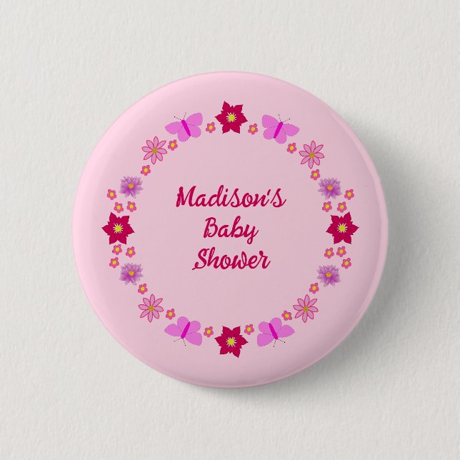 Badge Rond 5 Cm Bébé rose Papillons et fleurs personnalisés (Devant)
