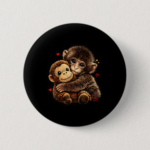 Badge Rond 5 Cm Bébé singe mignon qui enlace un ours en peluche, a