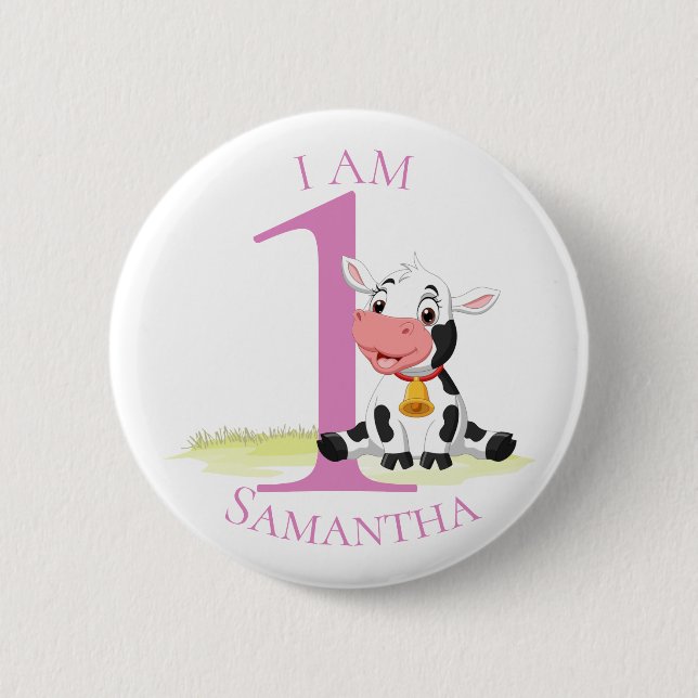 Badge Rond 5 Cm Bébé Vache ROSE ANNIVERSAIRE NUMÉRO 1 Bouton (Devant)