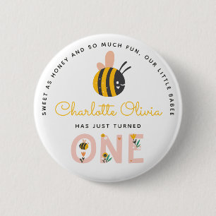 Badge Rond 5 Cm Bee Yellow & Pink Floral ONE 1er anniversaire de b