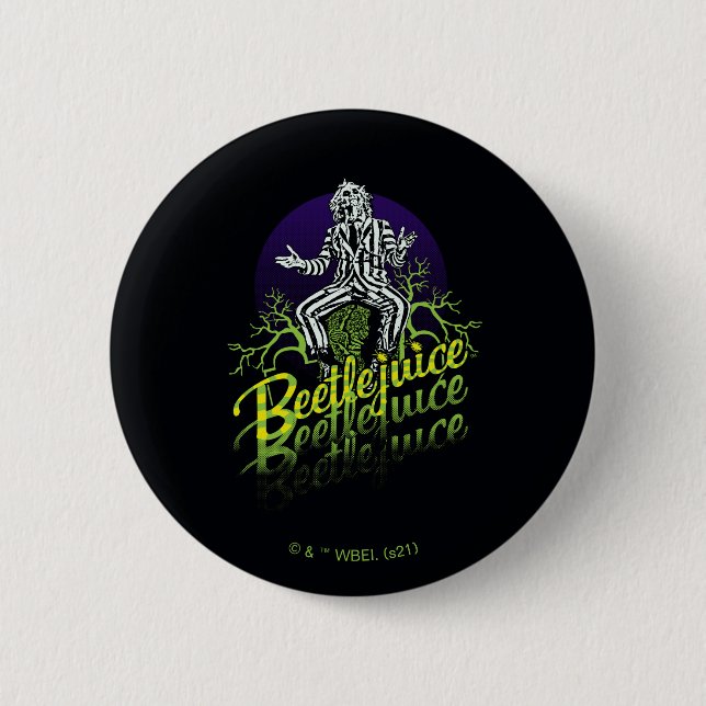 Badge Rond 5 Cm Beetlejus | Assis sur une pierre tombale (Devant)
