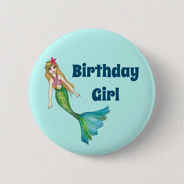 Badge Rond 5 Cm Belle Blonde cheveux sirène Anniversaire fille Bou (Devant)