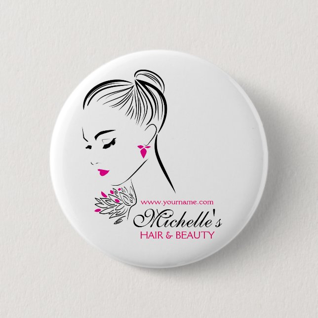 Badge Rond 5 Cm Belle femme avec boucles d'oreilles roses marque (Devant)