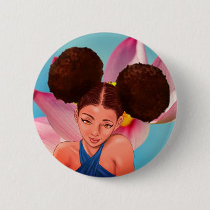 BADGE ROND 5 CM BELLE FILLE NOIRE AFRO PUFF NATURELLE