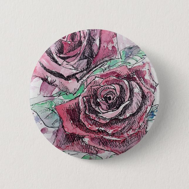 Badge Rond 5 Cm Belle peinture à l'aquarelle rouge Rose (Devant)