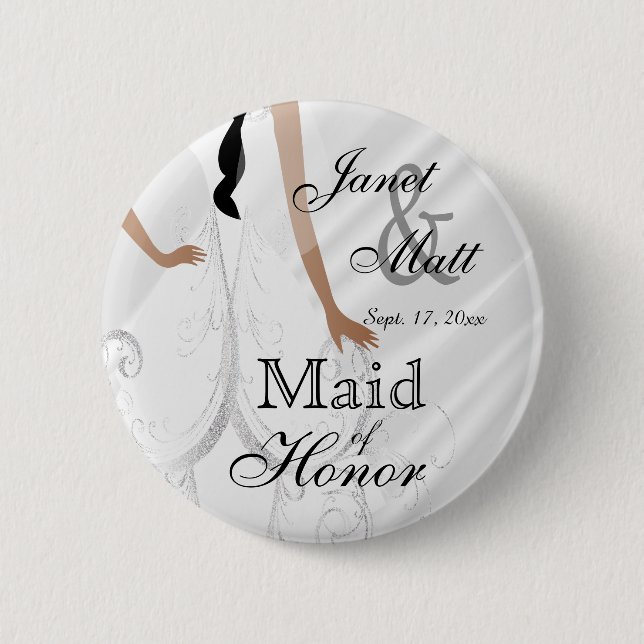 Badge Rond 5 Cm Belle robe nuptiale sur satin blanc (Devant)