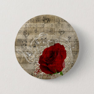 Badge Rond 5 Cm Belle rose rouge notes piano tourbillonné