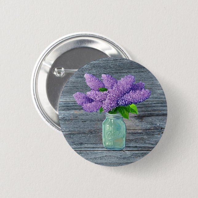 Badge Rond 5 Cm Belles Lilacs En Mason Jar Rustique (Devant & derrière)