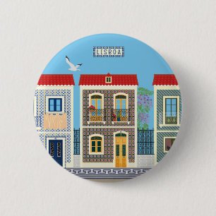 Badge Rond 5 Cm Belles maisons portugaises avec tuiles ou azulejos