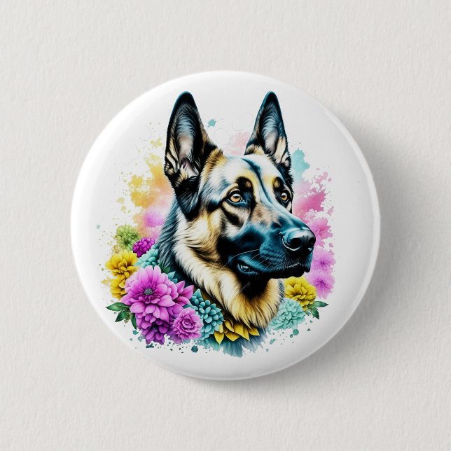 Badge Rond 5 Cm berger allemand et fleurs ai art (Devant)