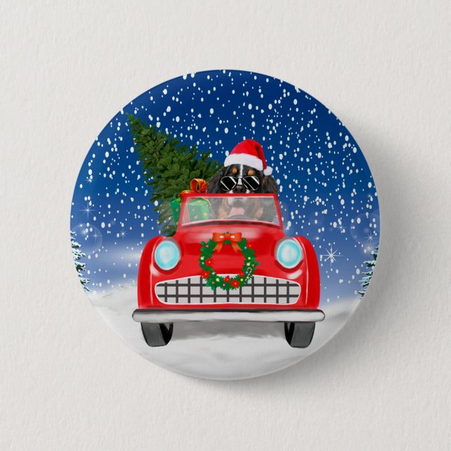 Badge Rond 5 Cm Bernese Mountain Dog Driving Car In Snow Christmas (Devant)