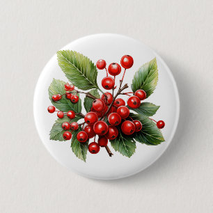 Badge Rond 5 Cm Berries rouges vibreuses aux Feuilles verts luxuri