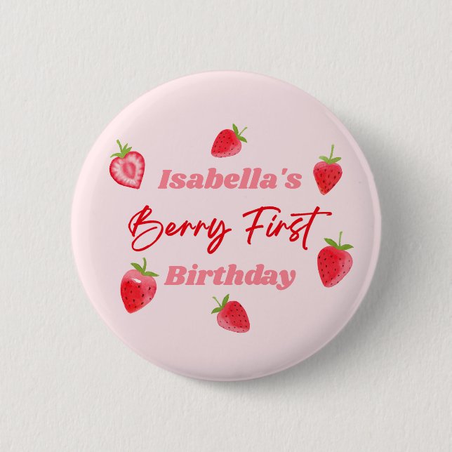 Badge Rond 5 Cm Berry fraise Premier anniversaire Rouge et rose (Devant)