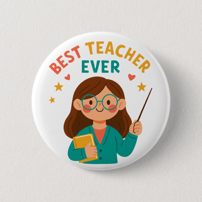 Badge Rond 5 Cm Best Teacher Ever – Cute Cartoon Appreciation (Devant)