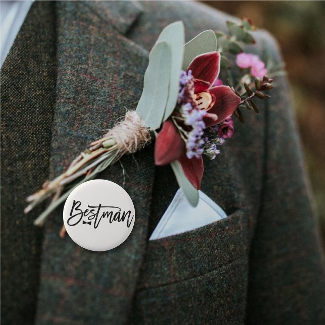 Badge Rond 5 Cm Bestman Black Brush Script Bow Cravate de mariage ('Bestman' Bow Tie Black Brush Script Calligraphy Wedding Rehearsal Pin Button @ fatfatin_blue_knot)