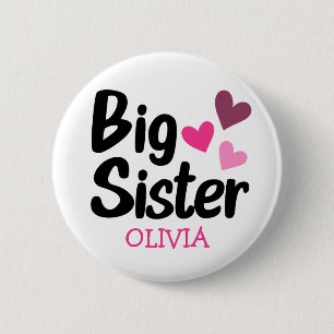 Badge Rond 5 Cm Big Sister Nom personnalisé avec coeur rose