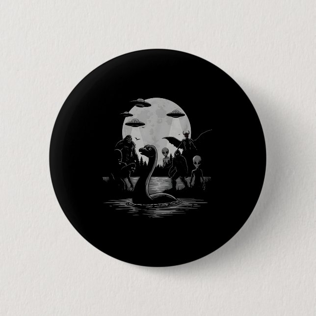 Badge Rond 5 Cm Bigfoot Ufo Loch Ness Monster Mothman And Aliens!  (Devant)