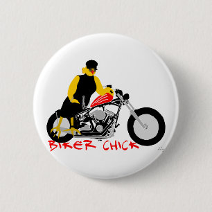 Badge Rond 5 Cm BIKER CHICK assise sur sa moto